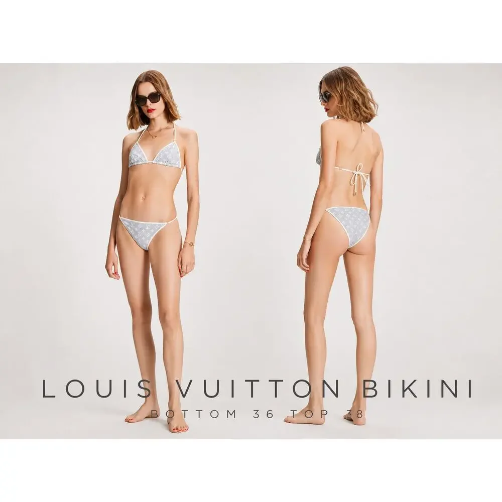 Louis Vuitton Gray White Monogram Triangle Bikini Set Top 38 Bottom 36 Small LTD